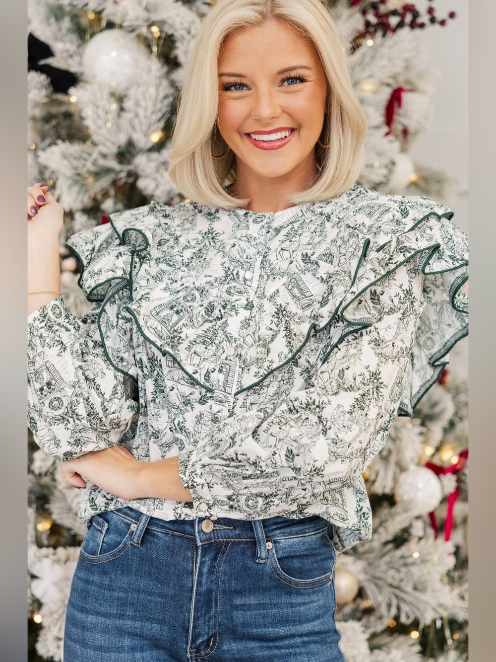 Shop The Mint XL Green White Toile Ruffle Blouse